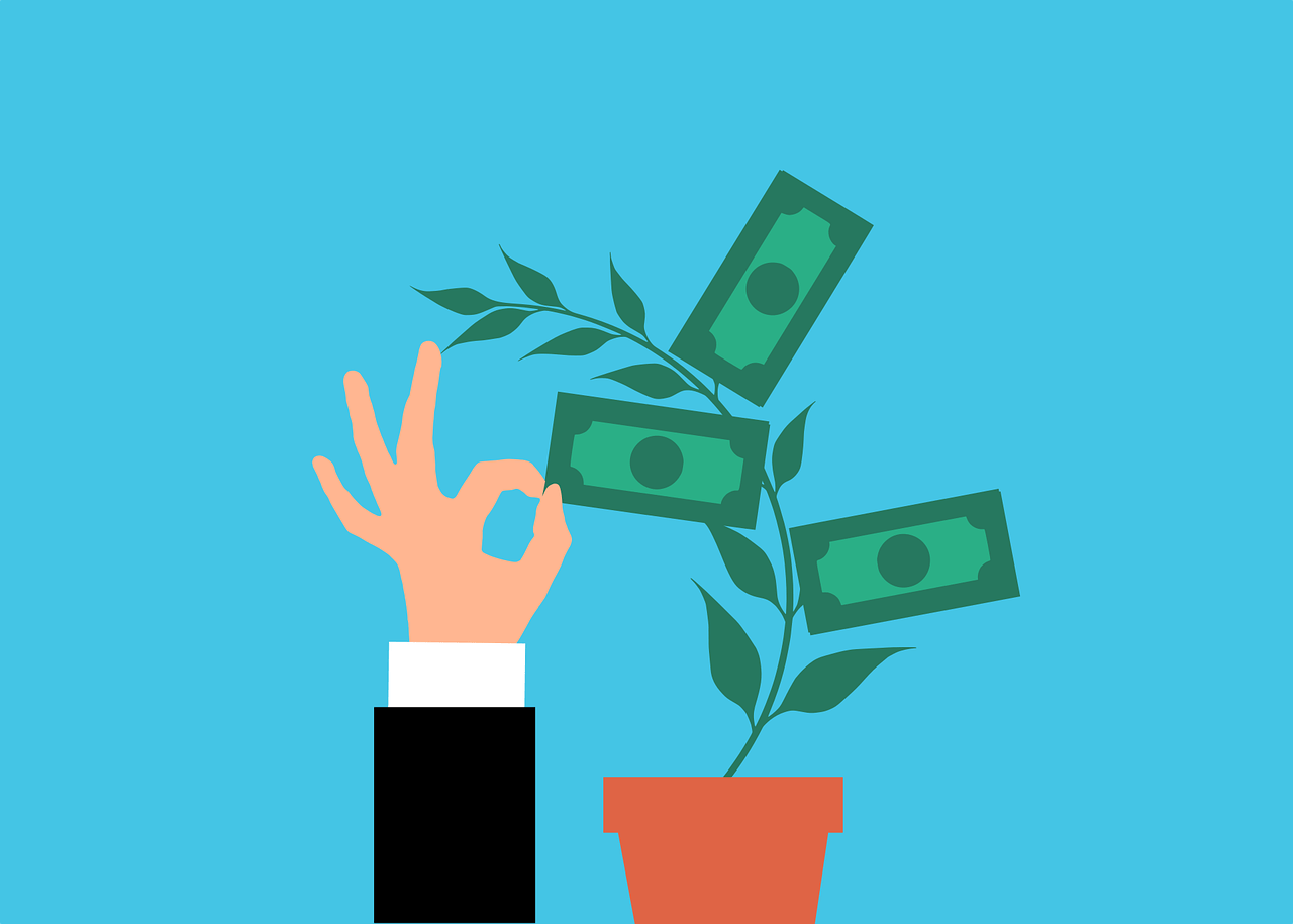 Animated hand reaching up to a money tree
